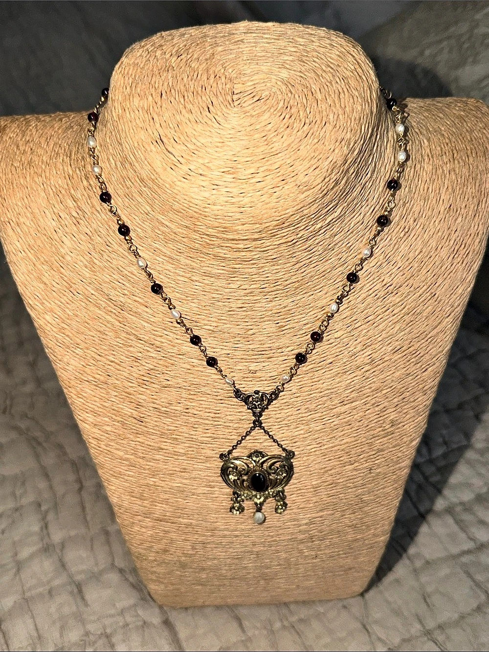 Vintage garnet and pearl gold filled elegant Victorian style necklace